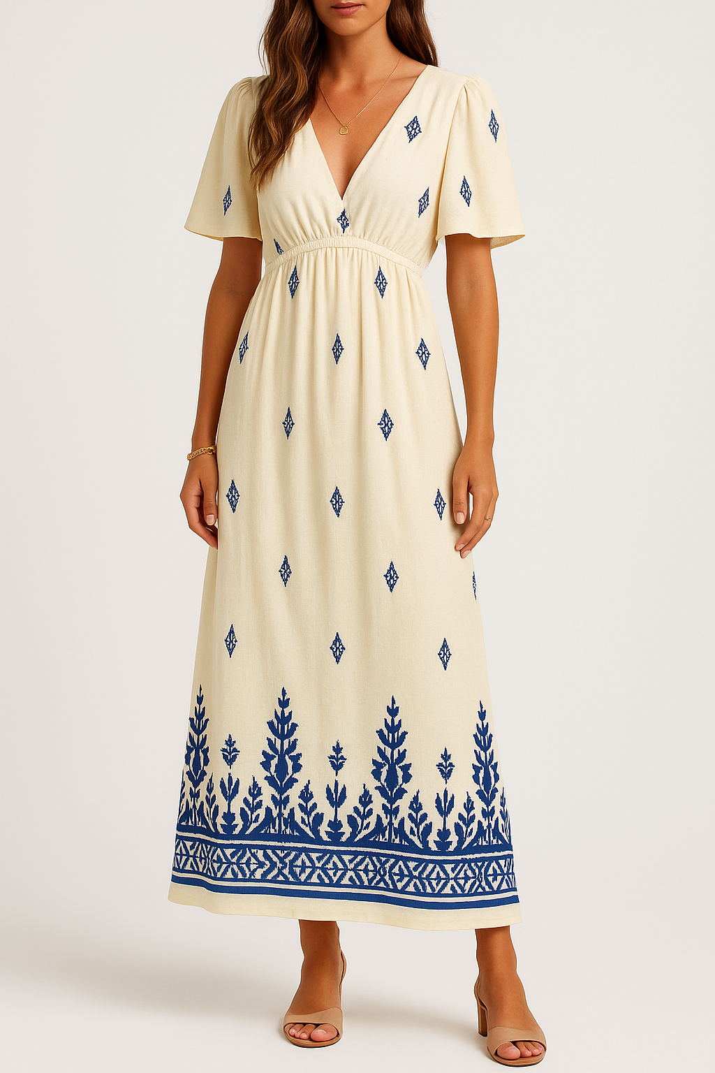 Sofia – Besticktes Maxikleid in Creme & Königsblau